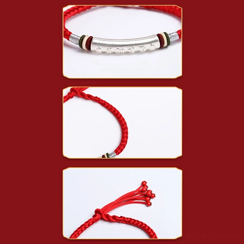 Om Mani Padme Hum red string bracelet with size specifications and measurements