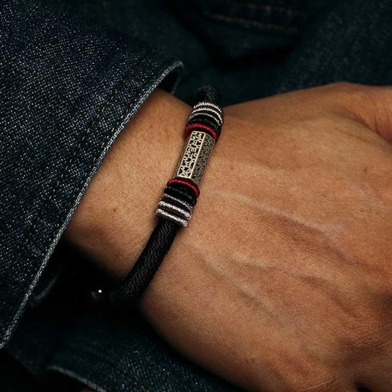 Red and black Om Mani Padme Hum bracelets with matching 925 silver charms, unisex spiritual jewelry set