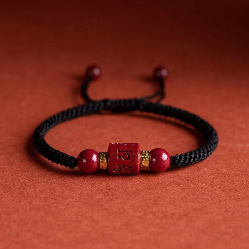 Om mani padme hum cinnabar bracelet black rope option adjustable fit