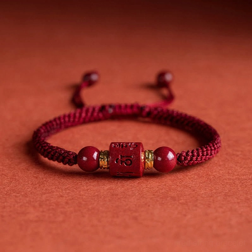 Om Mani Padme Hum cinnabar blessing bracelet with wine red braided cord front view