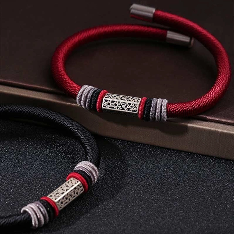 Handmade red cord Om Mani Padme Hum bracelet with engraved 925 silver charm, Buddhist mantra jewelry