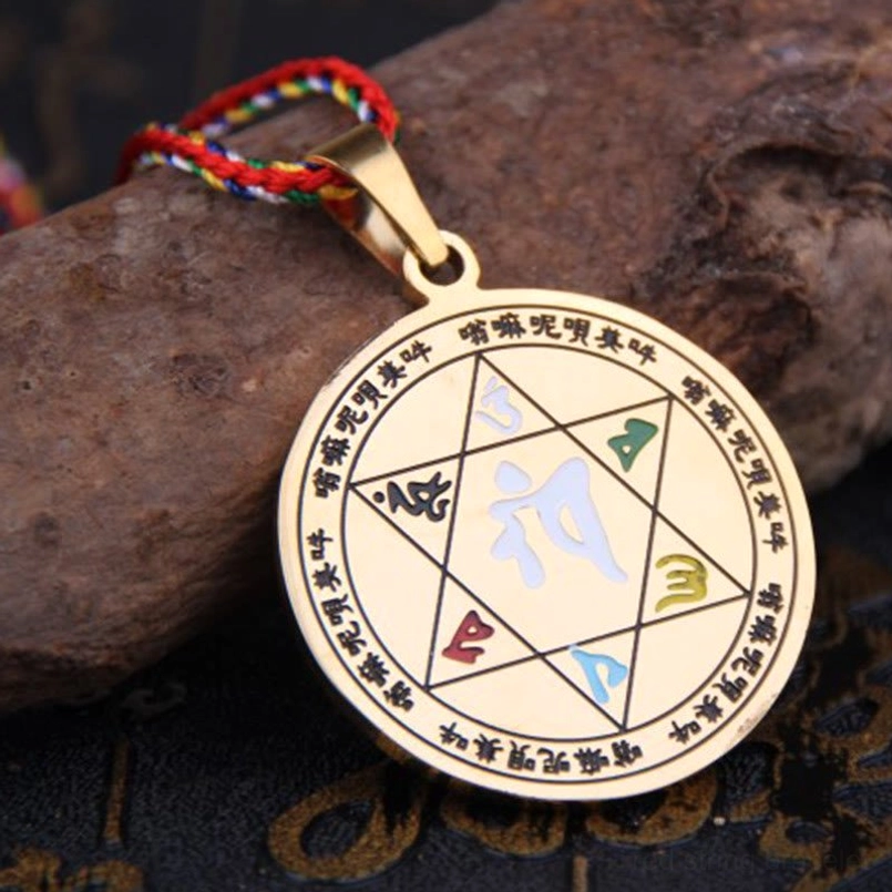 Buddhist mantra pendant necklace showcasing detailed craftsmanship with colorful braided cord