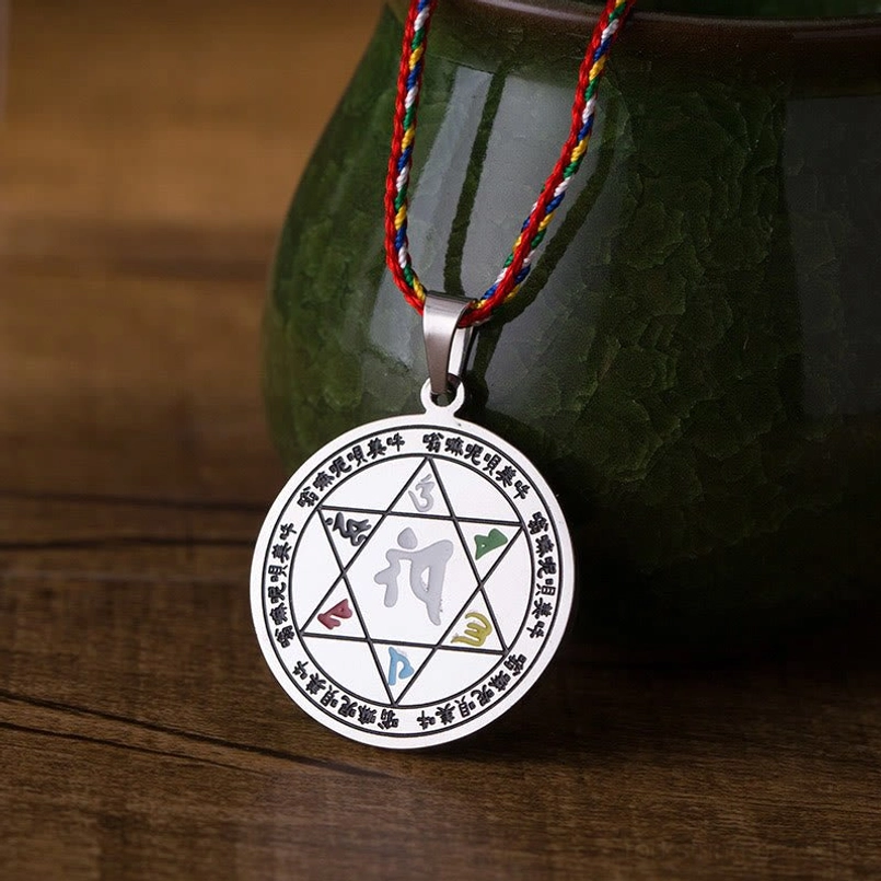 Hexagram Buddhist mantra pendant necklace with Chinese text border and multicolor rope