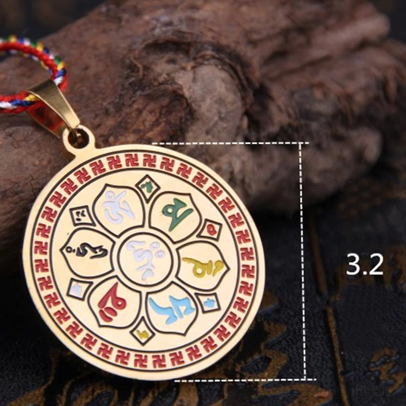 Om Mani Padme Hum protection necklace with golden titanium steel finish and multicolor rope