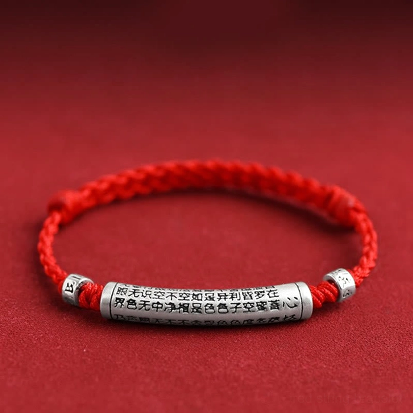 Red woven rope Buddhist bracelet with 999 sterling silver Heart Sutra pendant classic design