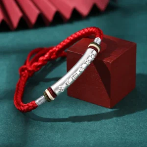 Om Mani Padme Hum sterling silver red string bracelet with engraved mantra tube