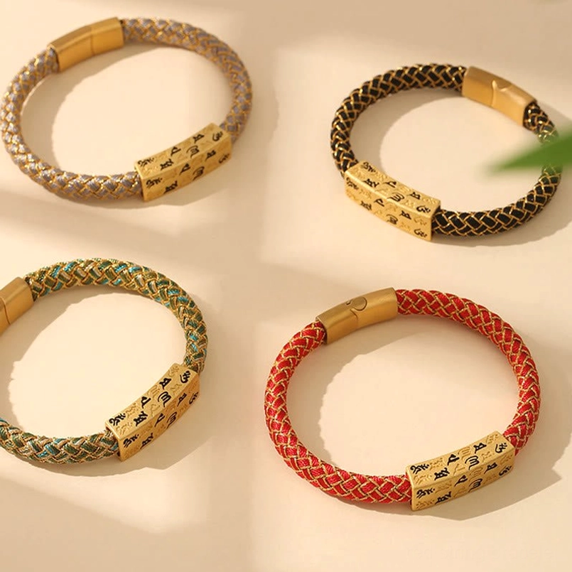 Om Mani Padme Hum Tibetan blessing bracelet worn on wrist showing comfort fit and magnetic clasp closure