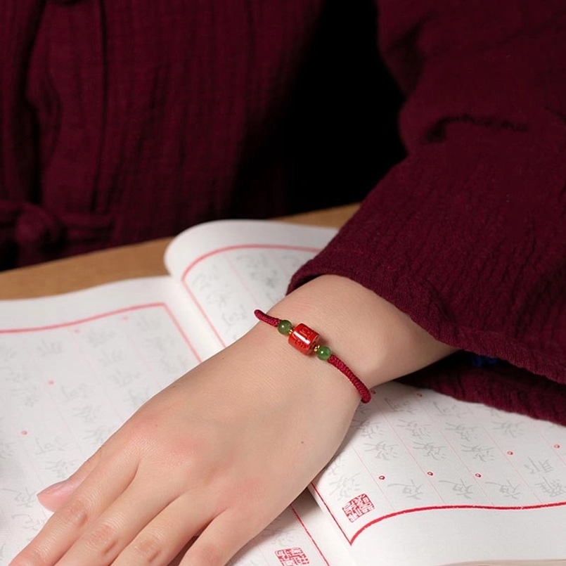 Sacred Tibetan om mani padme hum mantra bracelet with cinnabar and jade beads, Buddhist spiritual jewelry