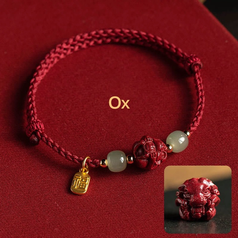 Ox zodiac cinnabar jade fu luck bracelet with red string - Chinese zodiac design