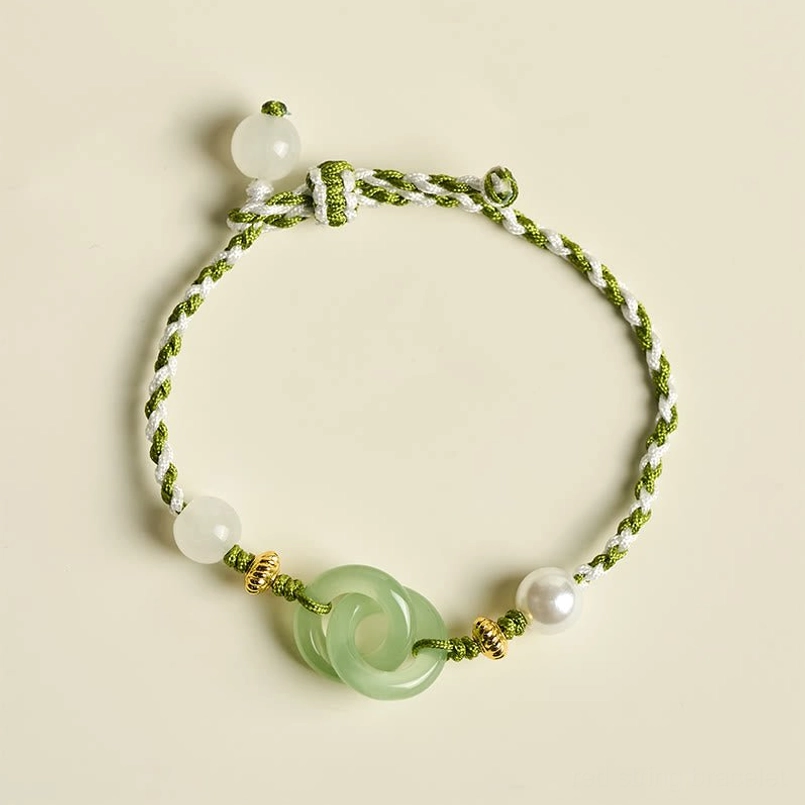 Full circular peace buckle bracelet display green white woven cord jade charm