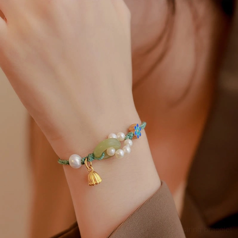 Peace buckle jade and flower style braided bracelet with pearl accents - full display