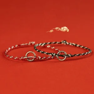 Peace buckle luck string bracelets flat lay with red background and auspicious cloud decor