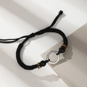 925 Sterling Silver Peace Buckle Auspicious Clouds Braided Bracelet - Side View with Silver Charm and Black Onyx Beads