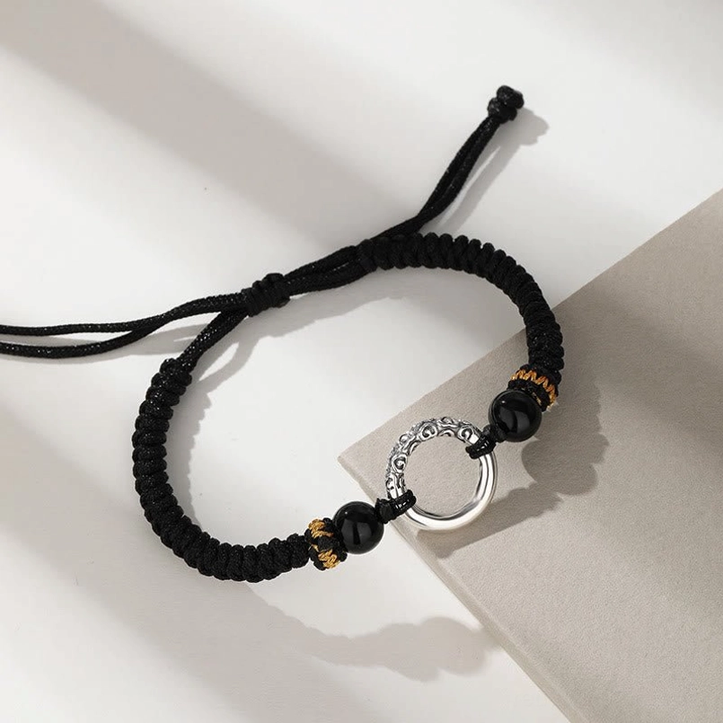 925 Sterling Silver Peace Buckle Auspicious Clouds Braided Bracelet - Side View with Silver Charm and Black Onyx Beads