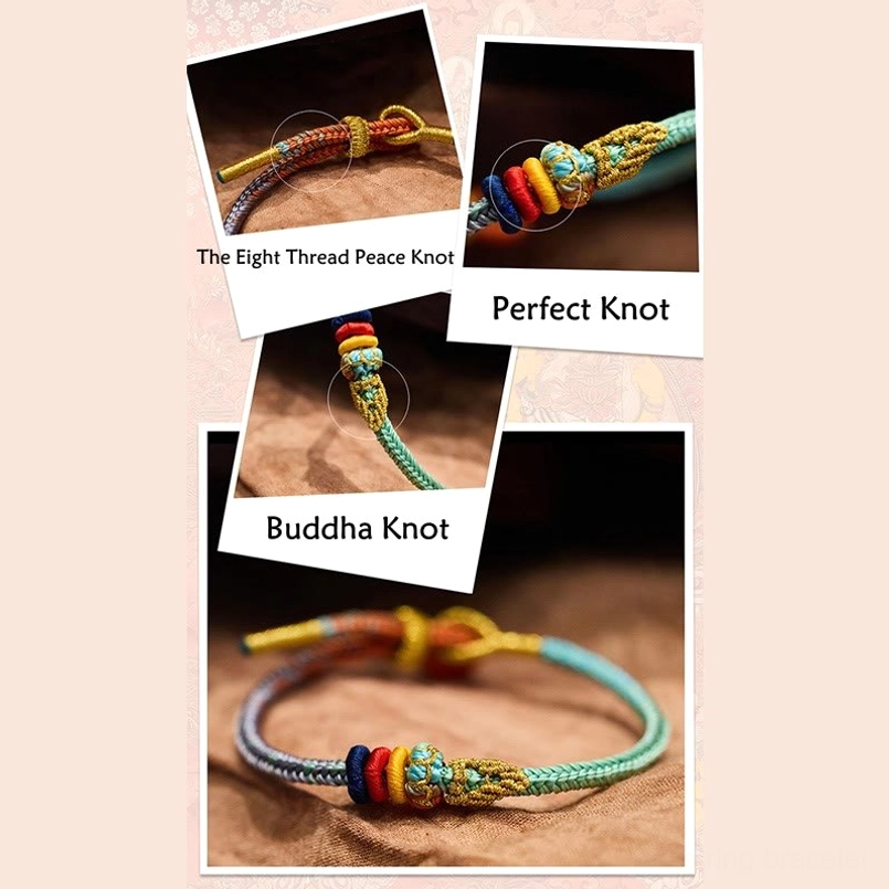 Close-up of worn bracelet showing colorful knot decoration and adjustable cord on wrist