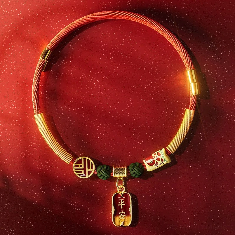 Alternative style red lucky pet collar with fu character charm green knots and fish shaped pendant
