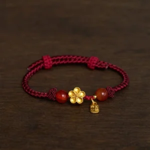 Peach Blossom Fu Character Red String Good Fortune Bracelet Flat Lay Main View