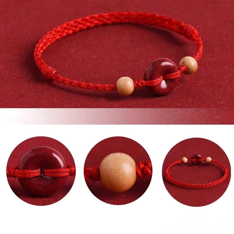 Close-up detail views of peach wood beads and cinnabar stone on red woven cord
