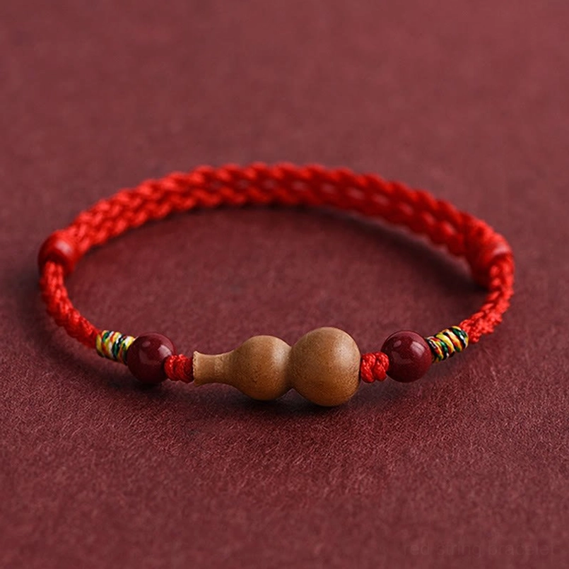 Standard peach wood gourd red string bracelet with central wooden charm and cinnabar beads