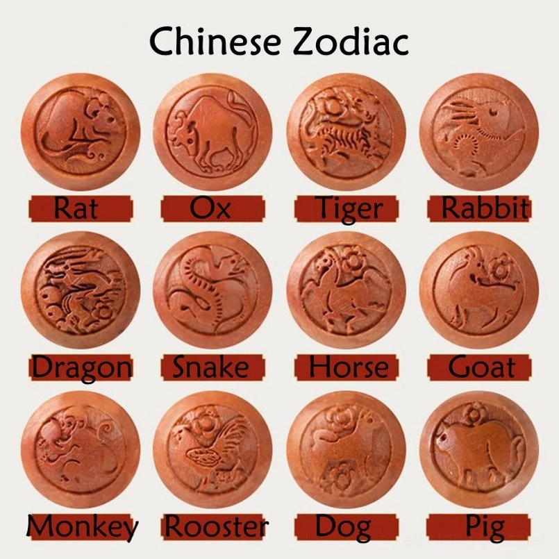 Peach wood Chinese zodiac bracelet showing natural wood texture and carved zodiac character detail
