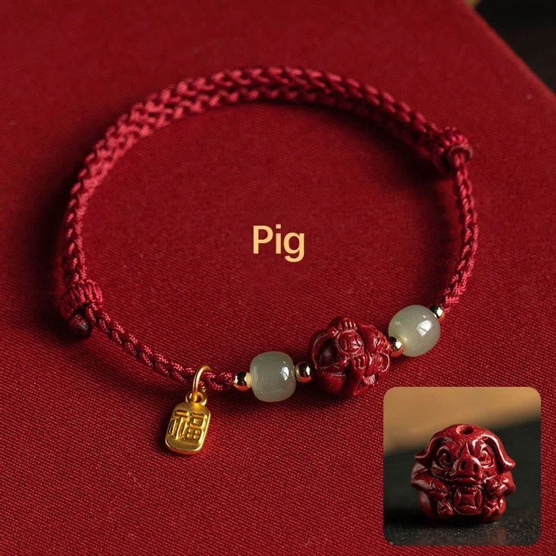 Pig zodiac cinnabar jade fu luck bracelet - handmade red string design