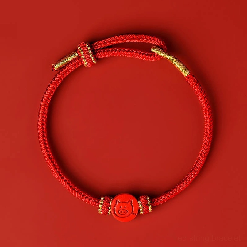 Pig zodiac red string bracelet with cinnabar charm and eight thread peace knot