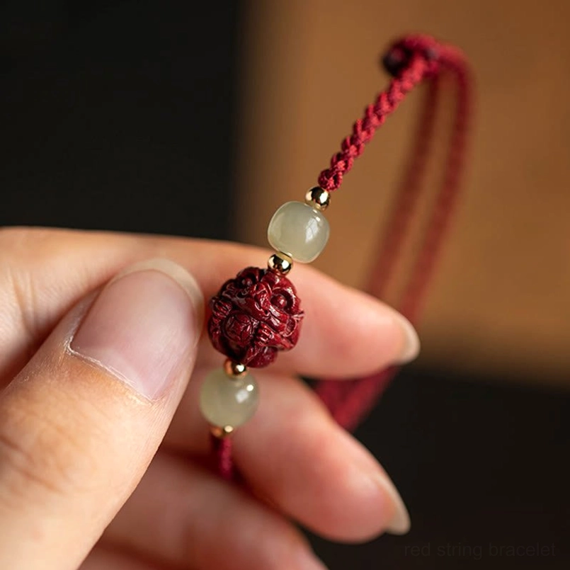 Pig zodiac cinnabar jade fu luck bracelet with red string - Chinese zodiac design