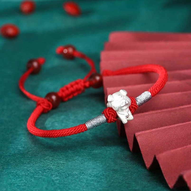 Pig zodiac 999 sterling silver red string bracelet for compassion and sincerity