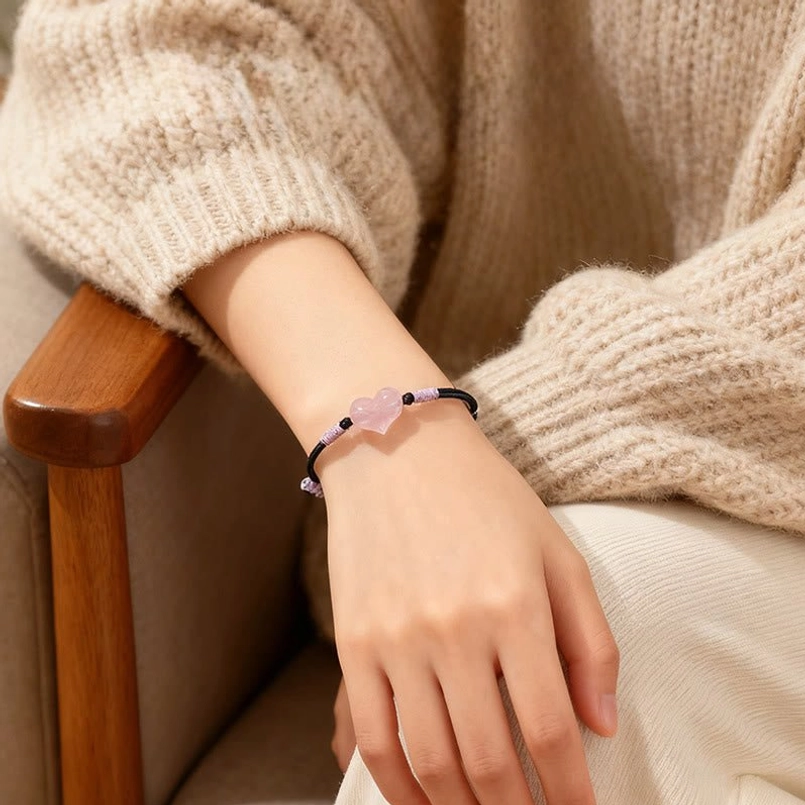 Handcrafted pink crystal love bracelet with heart charm pendant