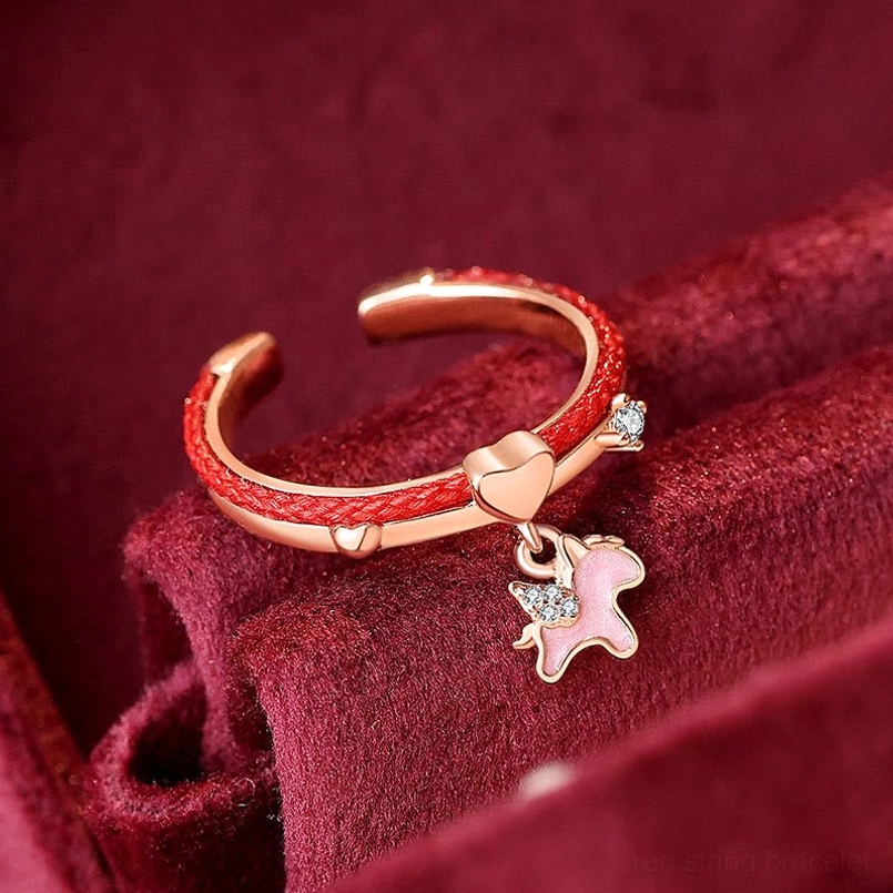 Pink enamel unicorn charm adjustable red string 925 sterling silver open ring with rose gold band and crystals