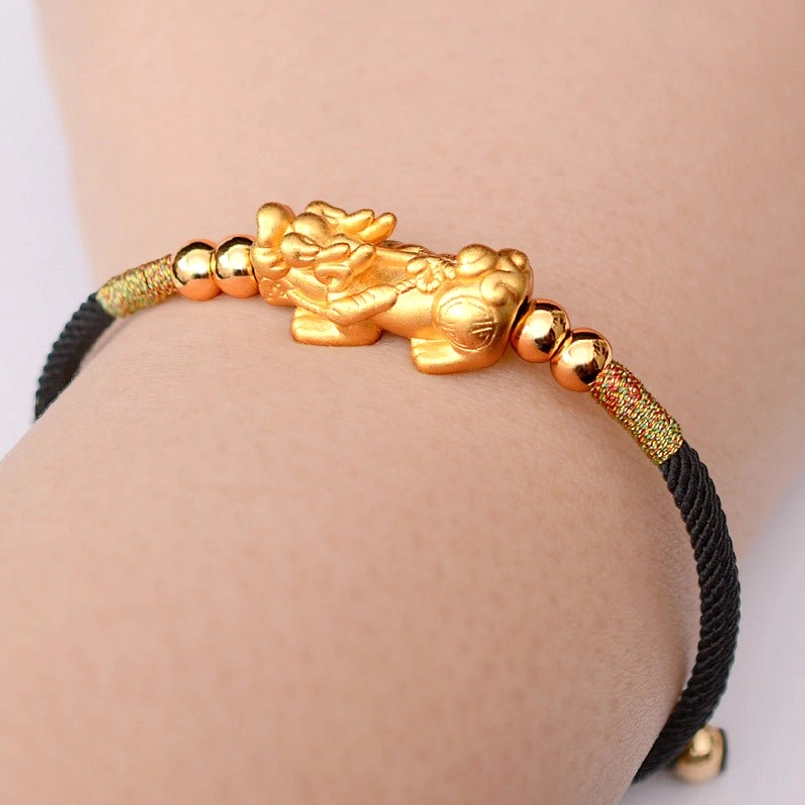 Black string with gold Pixiu charm bracelet for enhanced protection energy