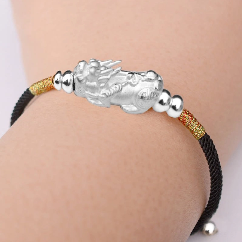 Black string with silver Pixiu charm adjustable bracelet for balanced energy