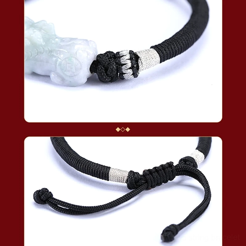 Adjustable Pixiu bracelet details - jade charm knot and sliding cord mechanism
