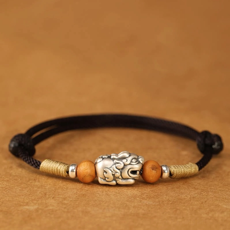 Black String Pixiu Bracelet with Sterling Silver Protection Charm