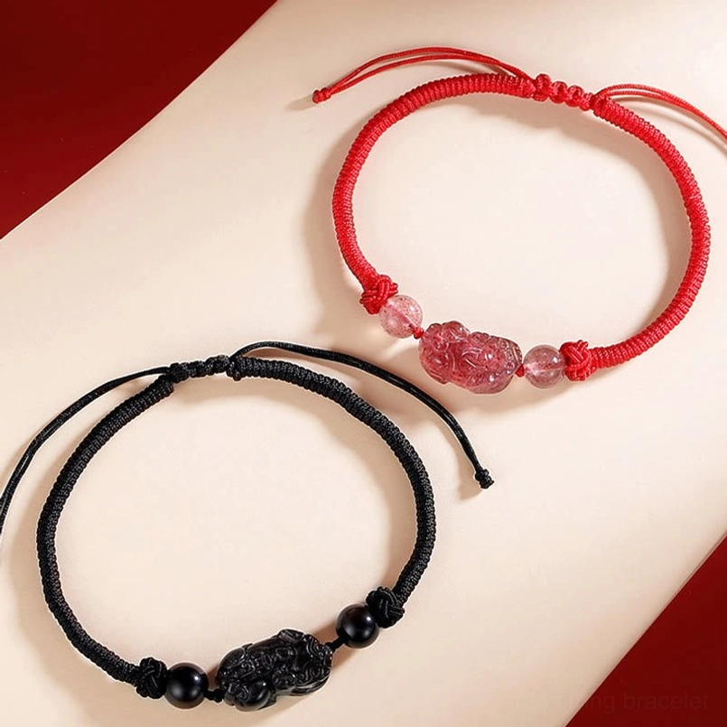 Red cord strawberry quartz pixiu bracelet and black obsidian pixiu bracelet comparison
