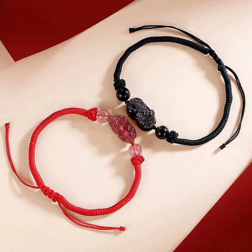 Two pixiu bracelet variants black obsidian and red strawberry quartz wealth luck charm