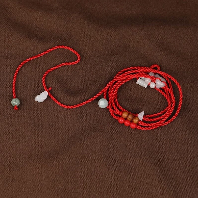 Pixiu jade charm peach wood red string belly chain - prosperity and protection symbol