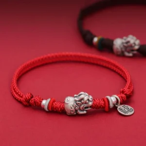 925 sterling silver Pixiu Fu wealth bracelet with red braided rope - dual bracelet display