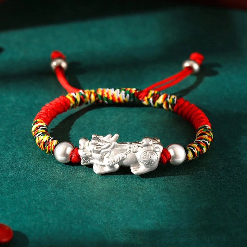 999 Sterling Silver Pixiu kids bracelet with colorful multicolor braided rope