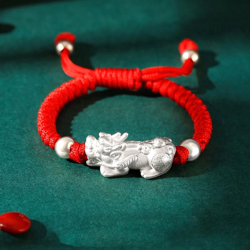 999 Sterling Silver Pixiu kids bracelet with traditional red rope cord