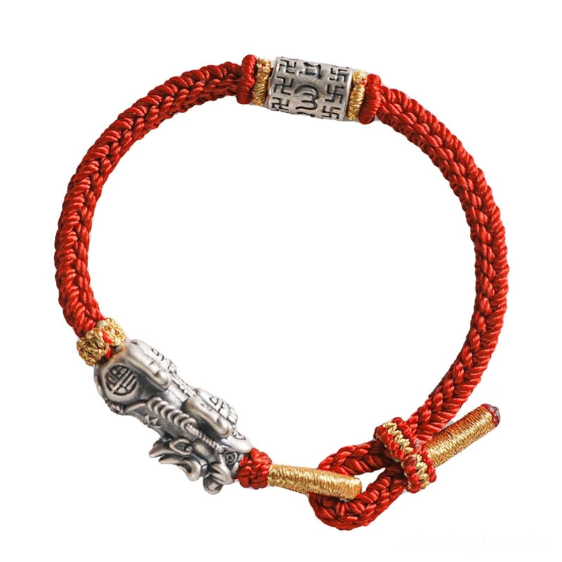 925 sterling silver Pixiu charm with mantra bead on adjustable handwoven red cord bracelet