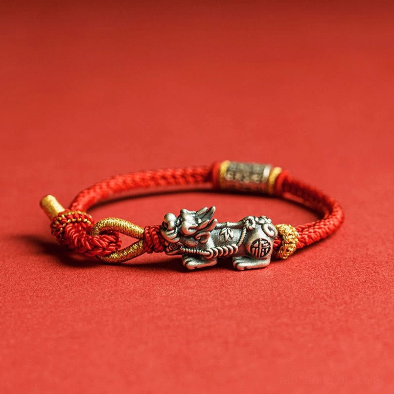 925 Sterling Silver Pixiu Om Mani Padme Hum red string protection bracelet with engraved charm on solid red background