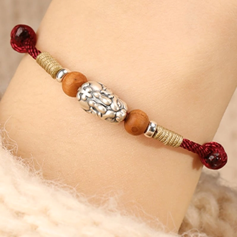 Adjustable Pixiu Peach Wood Bracelet on Wrist - Side Angle Wear