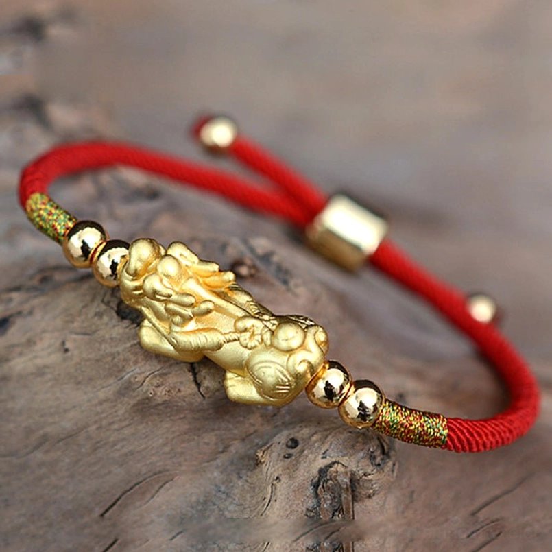 Pair of matching Pixiu red string bracelets with identical gold charms