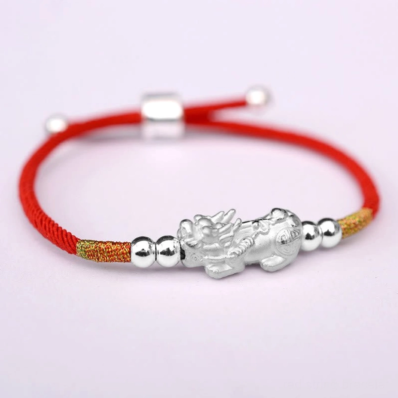 Red string with silver Pixiu charm adjustable bracelet for wealth protection