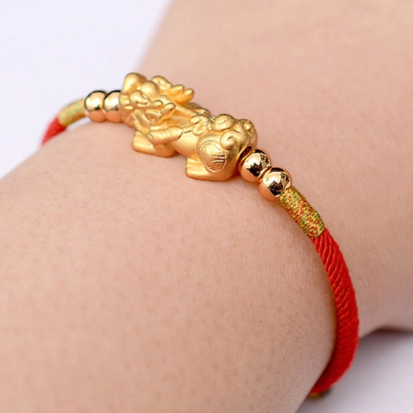 Red string with silver Pixiu charm variant showing alternative style option