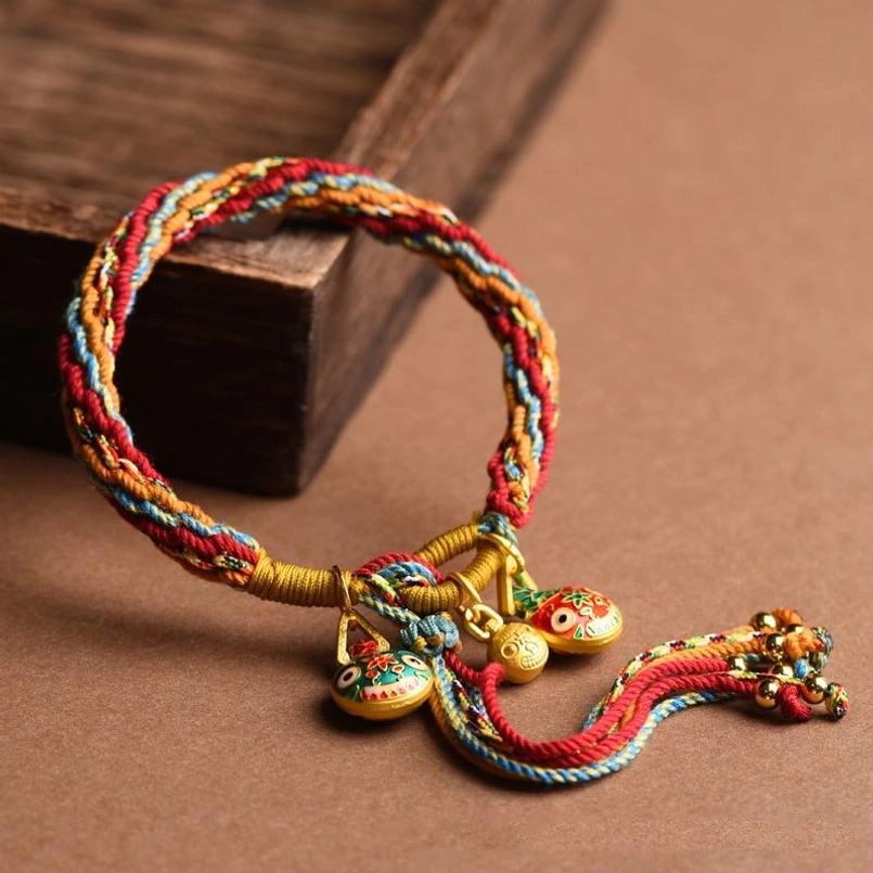 Handmade pixiu family luck reincarnation knot bracelet with red-dominant braided rope and pendants