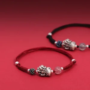 Pixiu strawberry quartz red and black rope braided bracelets sterling silver 999