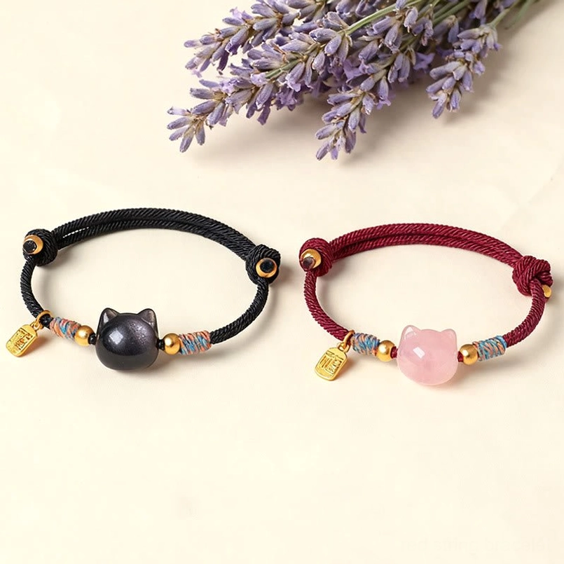 Premium handmade cat protection bracelet with fu symbol charm and natural stone bead materials