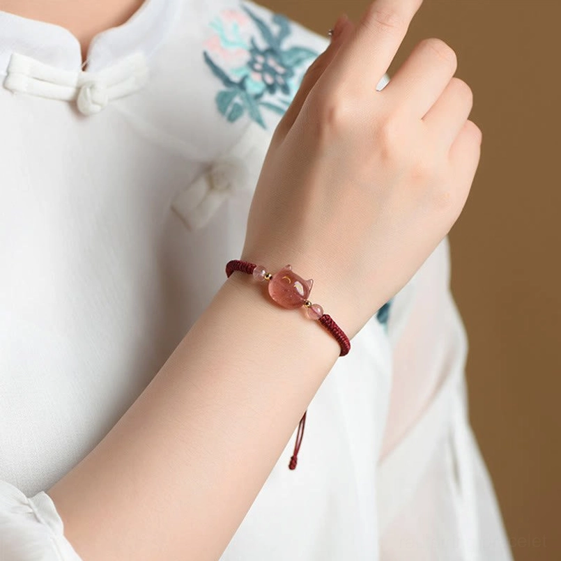 Premium cat protection bracelet with natural gemstone beads and sacred red string, spiritual jewelry piece